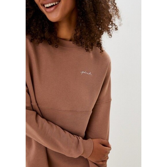 Victoria’s Secret Pullover Love Pink Embroidered Brown Beige Clay XS Oversized - Picture 3 of 10